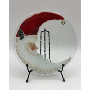 Peggy Karr Fused Glass Crescent Moon Santa Claus Christmas Plate 7.75” Signed